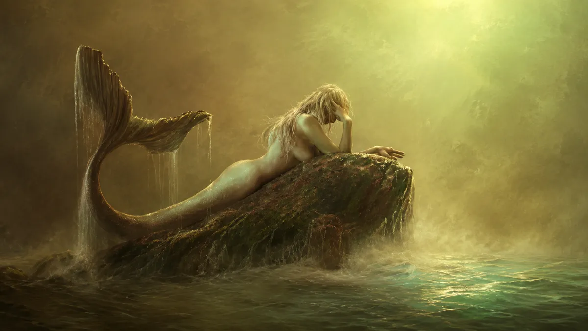 Mami Wata, l'esprit des eaux, allongée sur un rocher au bord de l'océan