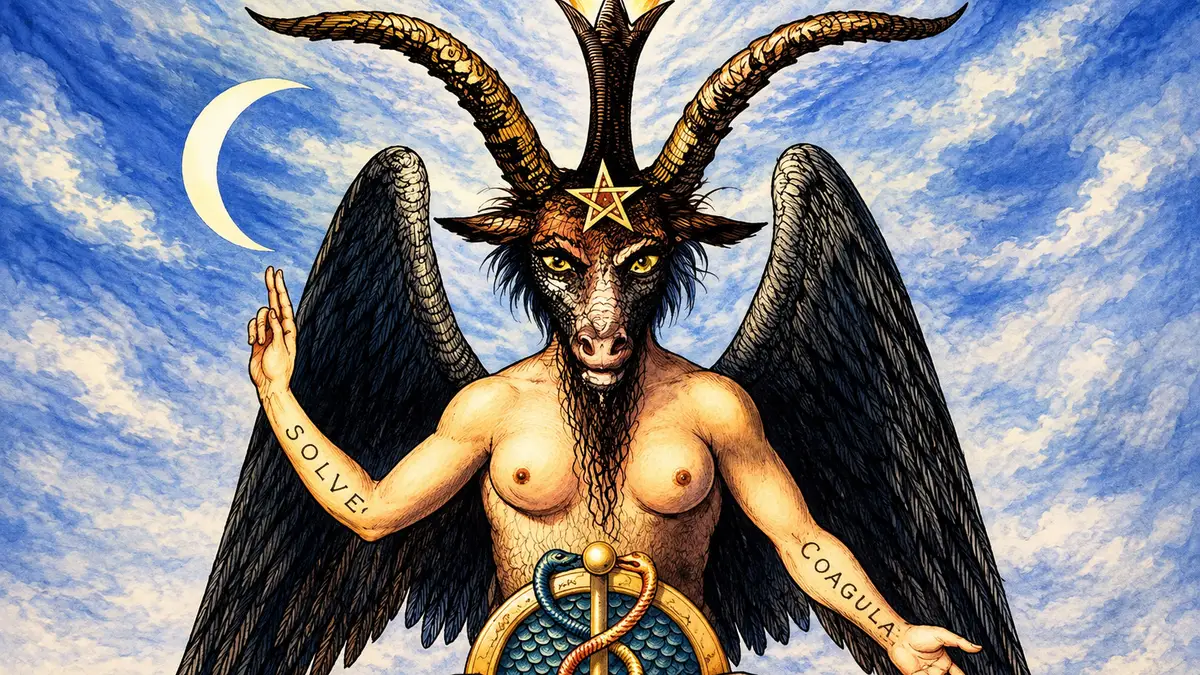 Figure ésotérique ailée du Baphomet, gravure traditionnelle