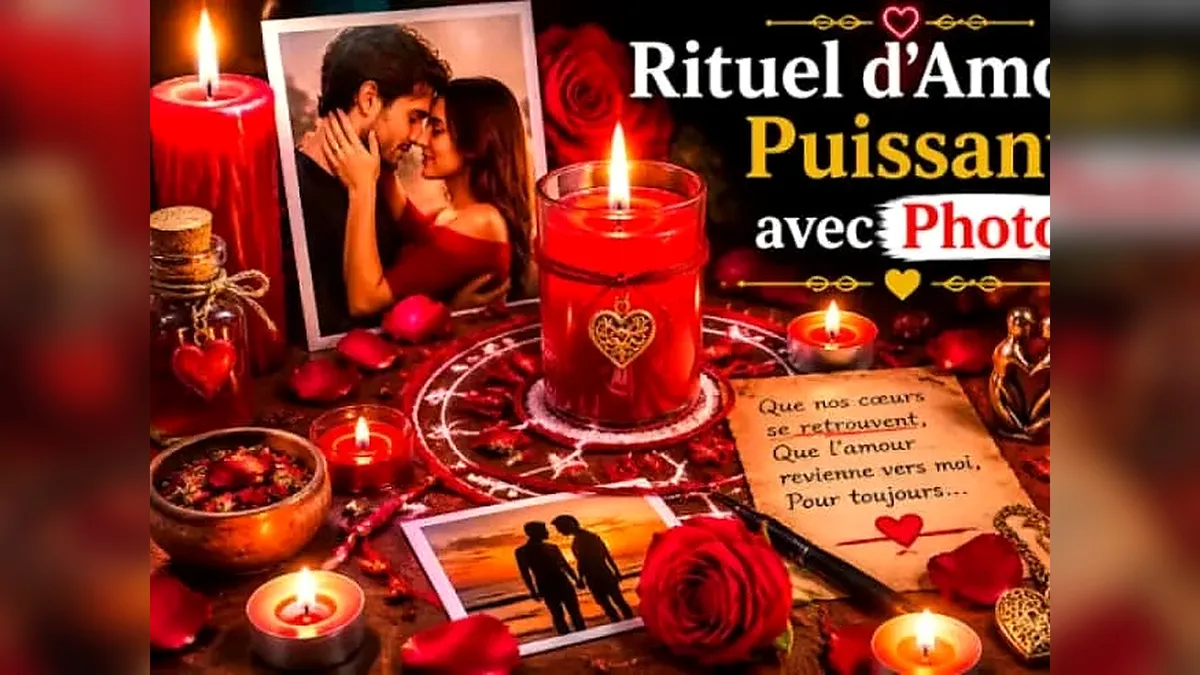 Autel de retour d'affection : bougies rouges, roses et photographies d'un couple