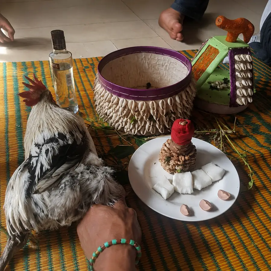 Autel traditionnel : coq, panier tressé et cauris